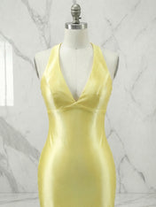 Yellow V Neck Mermaid Satin Long Prom Dresses with Side Cutouts