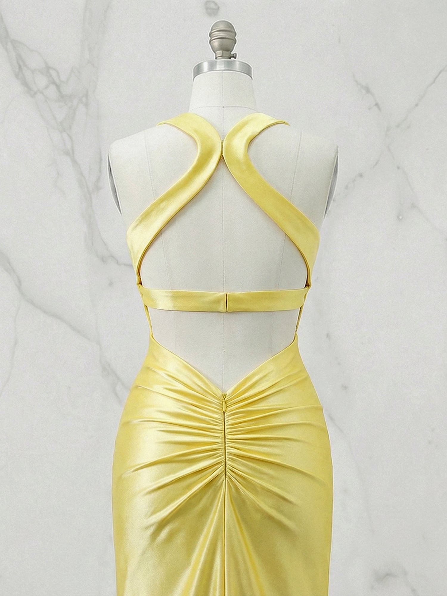 Yellow V Neck Mermaid Satin Long Prom Dresses with Side Cutouts