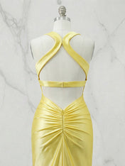 Yellow V Neck Mermaid Satin Long Prom Dresses with Side Cutouts