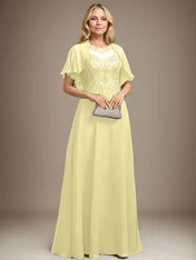 A-line Scoop Illusion Floor-Length Lace Chiffon Mother of the Bride Dress With Sequins