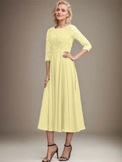 A-line Scoop Tea-Length Lace Chiffon Mother of the Bride Dress With Sequins
