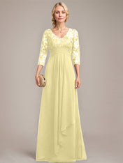 A-line V-Neck Floor-Length Lace Chiffon Mother of the Bride Dress With Cascading Ruffles Sequins