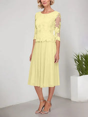 A-line Scoop Tea-Length Lace Chiffon Mother of the Bride Dress With Embroidery