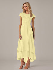 A-line Boat Neck Illusion Asymmetrical Chiffon Lace Mother of the Bride Dress With Applique Pleats