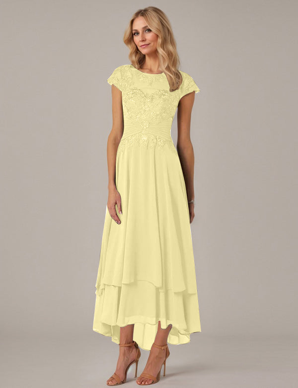 A-line Boat Neck Illusion Asymmetrical Chiffon Lace Mother of the Bride Dress With Applique Pleats