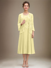 A-line Scoop Tea-Length Lace Chiffon Mother of the Bride Dress With Sequins