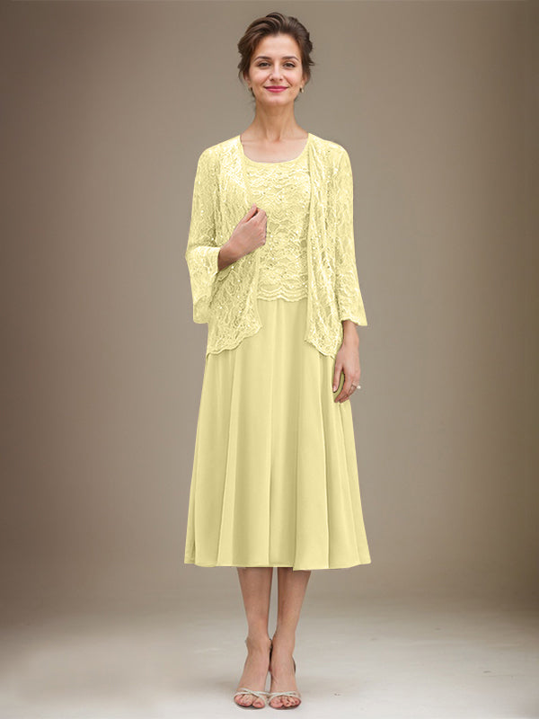 A-line Scoop Tea-Length Lace Chiffon Mother of the Bride Dress With Sequins