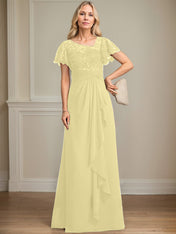 A-line Asymmetrical Illusion Floor-Length Lace Chiffon Mother of the Bride Dress With Cascading Ruffles Sequins