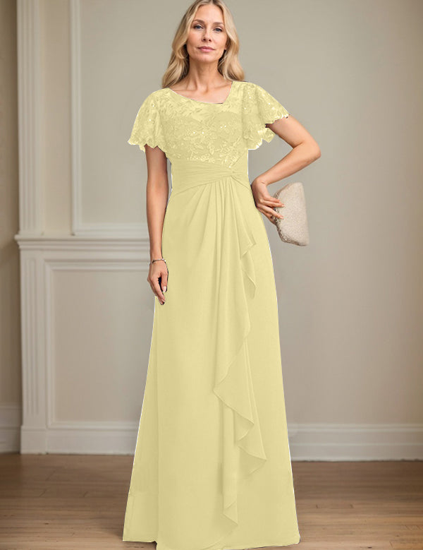 A-line Asymmetrical Illusion Floor-Length Lace Chiffon Mother of the Bride Dress With Cascading Ruffles Sequins