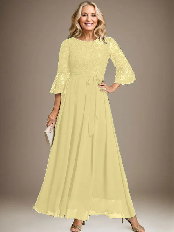 Robe de mère de la mariée trapèze en mousseline de soie et dentelle, longueur cheville, avec nœud