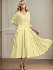 A-line V-Neck Tea-Length Chiffon Lace Mother of the Bride Dress With Beading Sequins