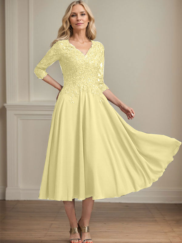 A-line V-Neck Tea-Length Chiffon Lace Mother of the Bride Dress With Beading Sequins