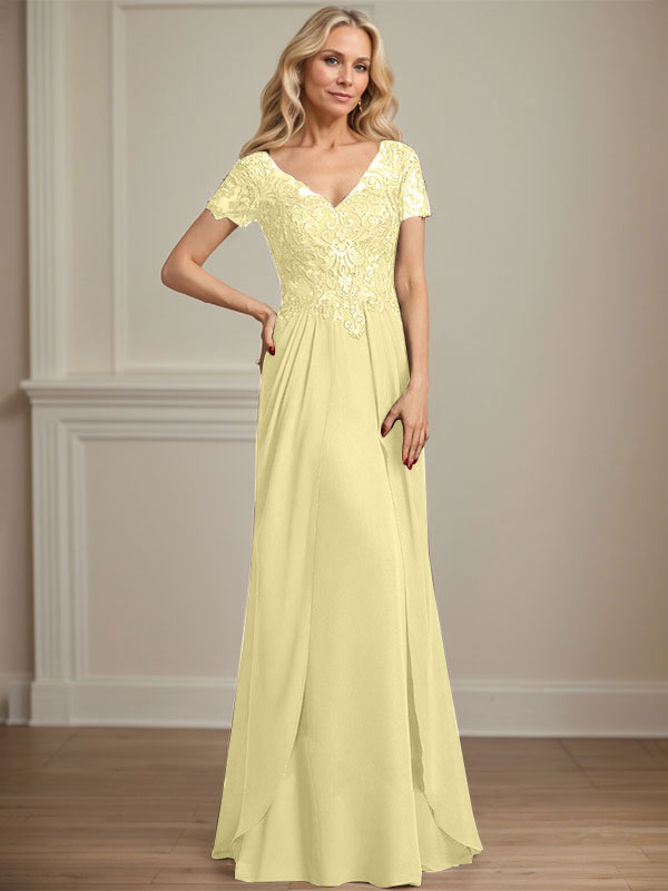 A-line V-Neck Floor-Length Chiffon Lace Mother of the Bride Dress