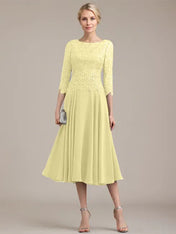 A-line Scoop Tea-Length Lace Chiffon Mother of the Bride Dress