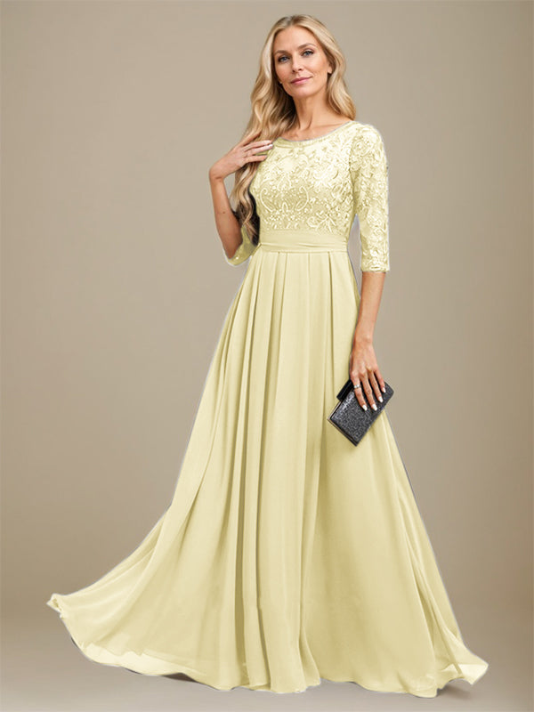 A-Line Scoop Floor-Length Lace Chiffon Mother Of the Bride Dress With Sequins Applique