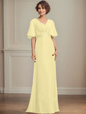 A-line V-Neck Floor-Length Chiffon Mother of the Bride Dress With Pleated Sequins Appliques Lace