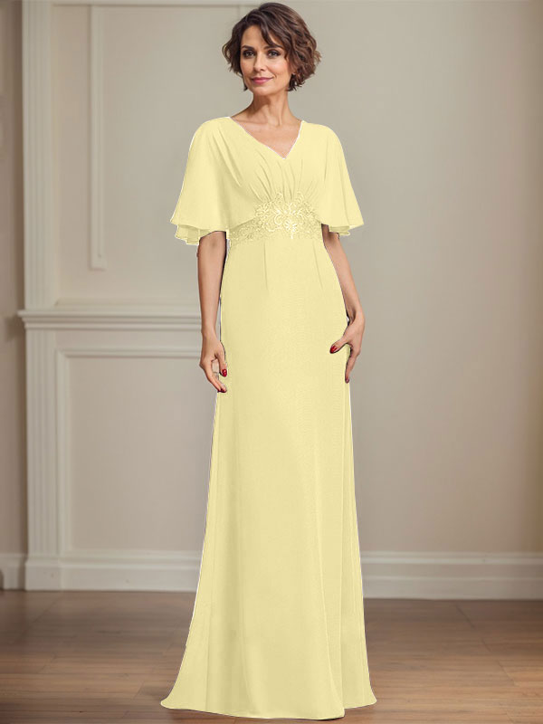 A-line V-Neck Floor-Length Chiffon Mother of the Bride Dress With Pleated Sequins Appliques Lace