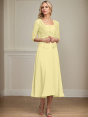 A-line Square Tea-Length Chiffon Lace Mother of the Bride Dress With Sequins Beading