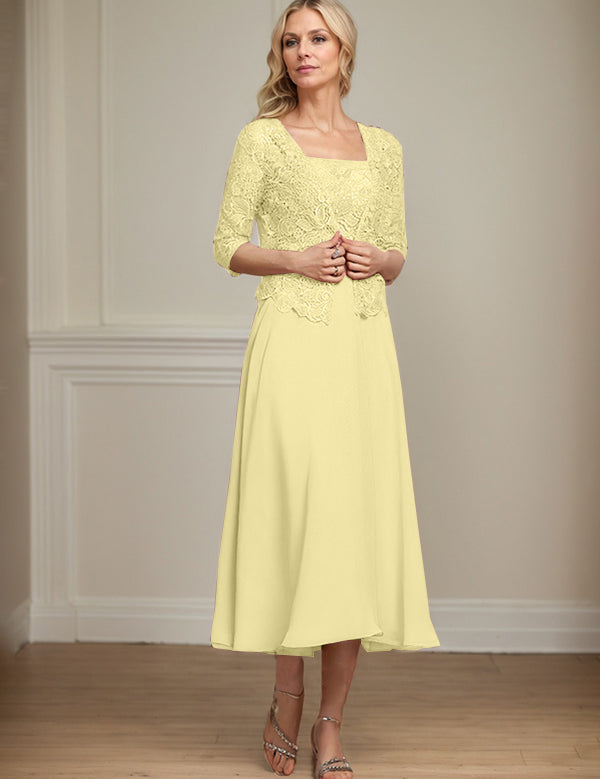 A-line Square Tea-Length Chiffon Lace Mother of the Bride Dress With Sequins Beading
