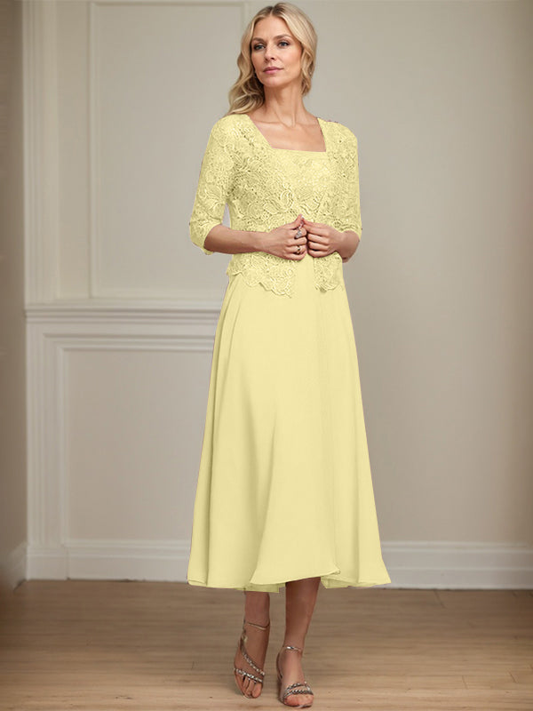 A-line Square Tea-Length Chiffon Lace Mother of the Bride Dress With Sequins Beading