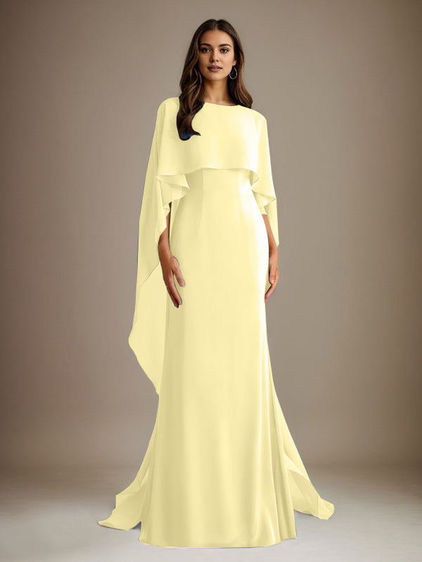 Robe de mère de la mariée en mousseline, coupe fourreau/colonne, col bateau, longueur ras du sol, avec volants en cascade 