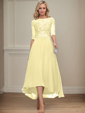 A-line Boat Neck Illusion Asymmetrical Chiffon Lace Mother of the Bride Dress With Sequins Beading