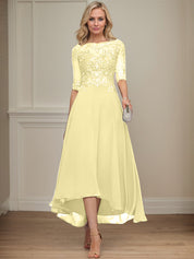 A-line Boat Neck Illusion Asymmetrical Chiffon Lace Mother of the Bride Dress With Sequins Beading