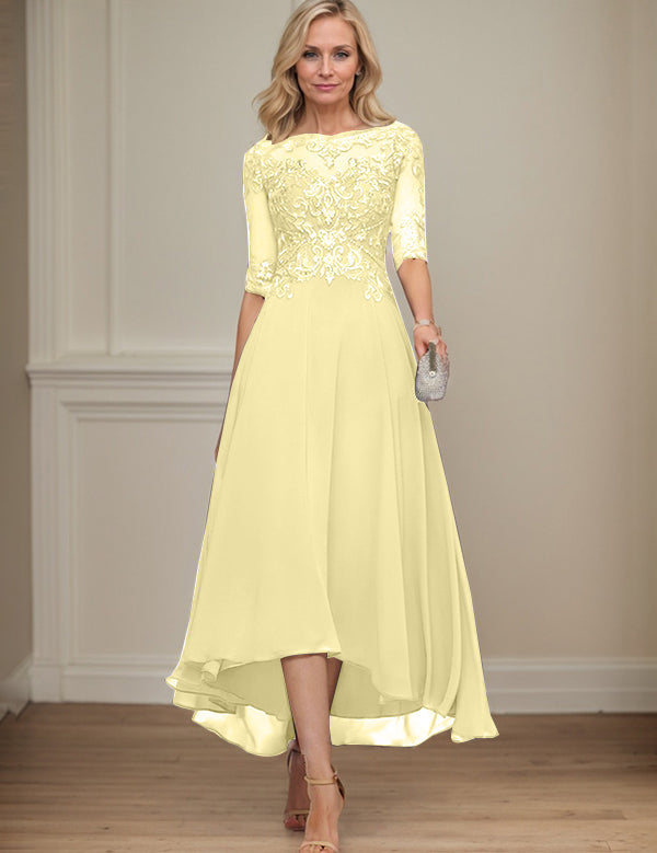 A-line Boat Neck Illusion Asymmetrical Chiffon Lace Mother of the Bride Dress With Sequins Beading
