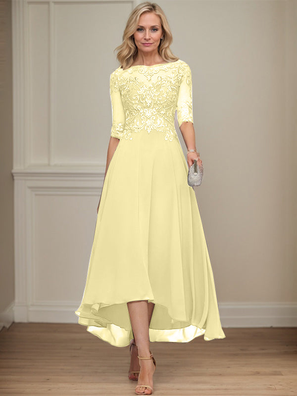 A-line Boat Neck Illusion Asymmetrical Chiffon Lace Mother of the Bride Dress With Sequins Beading