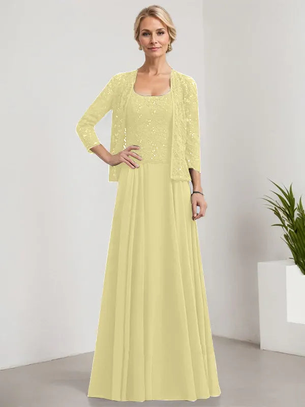 Robe de mère de la mariée trapèze carrée, longueur au sol, en mousseline de soie et dentelle, avec paillettes 