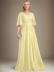 A-line V-Neck Floor-Length Chiffon Lace Mother of the Bride Dress With Crystal Brooch Rhinestone