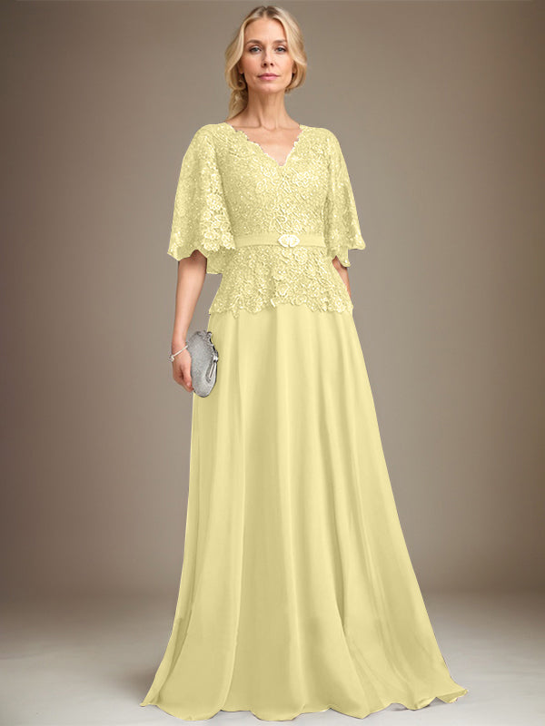 A-line V-Neck Floor-Length Chiffon Lace Mother of the Bride Dress With Crystal Brooch Rhinestone