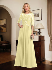 A-line Scoop Illusion Floor-Length Chiffon Lace Mother of the Bride Dress With Pleated Sequins