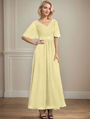 A-line V-Neck Ankle-Length Chiffon Mother of the Bride Dress With Pleated Beading Sequins