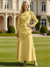 A Line High Neck Long Sleeves Stretch Crepe Dress With 3D Flowers