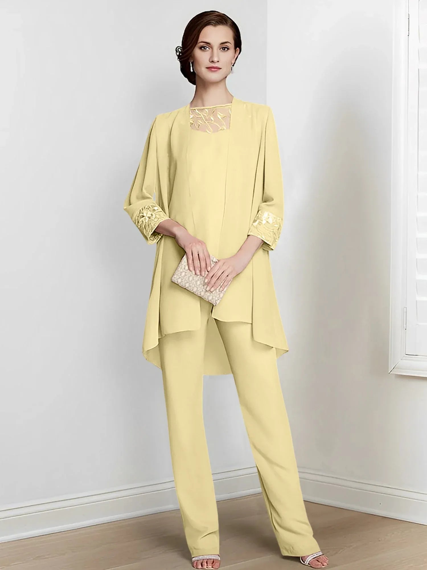 Tailleur-pantalon en mousseline à manches longues pour mère de la mariée avec veste 