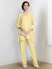 Tailleur-pantalon en mousseline à manches longues pour mère de la mariée avec veste 