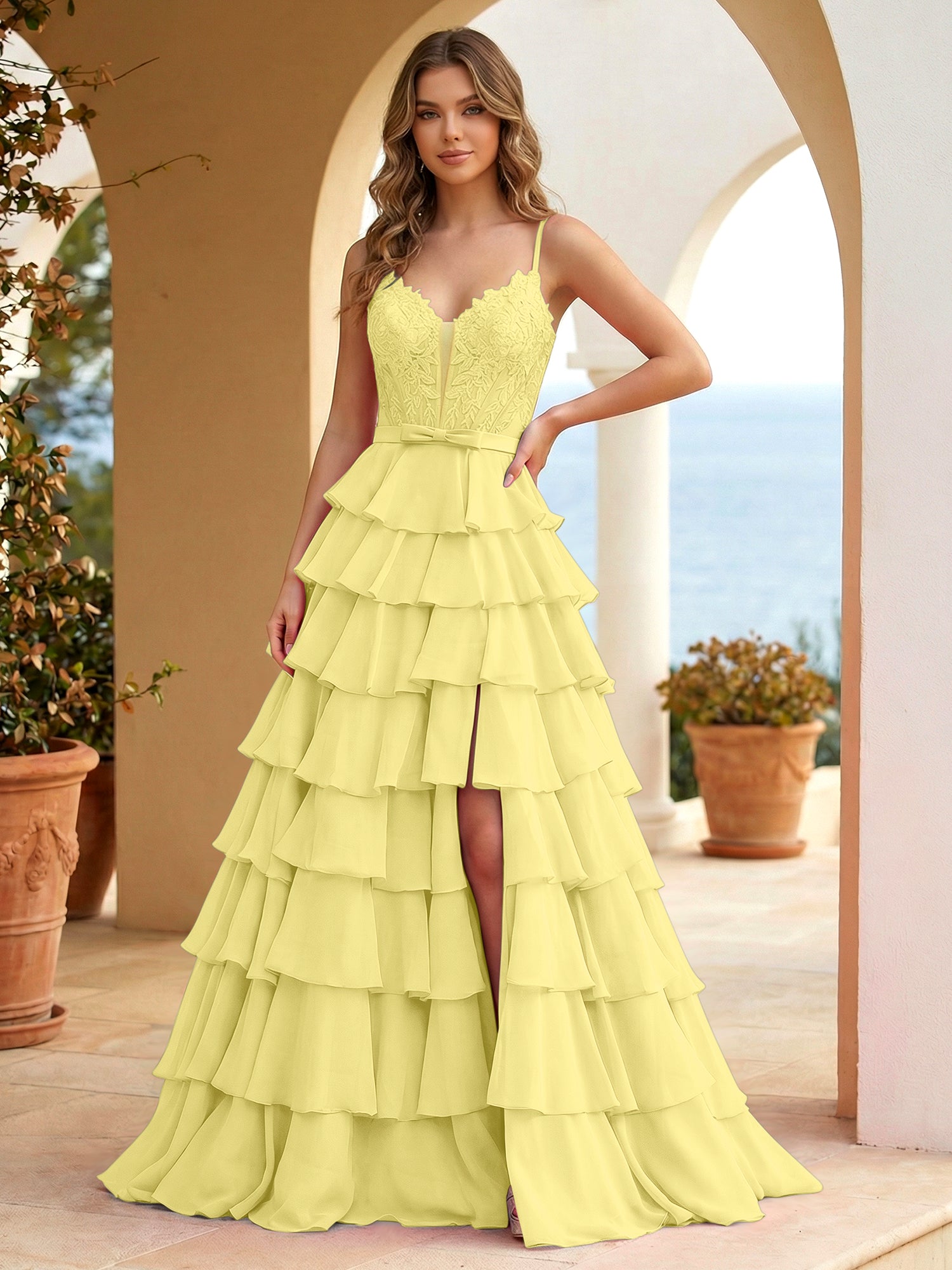 Pink Lace Corset Tiered Ruffle Long Prom Dress