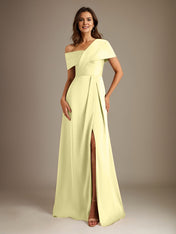 A-Line Asymmetrical Neckline Floor-Length Satin Mother of the Bride Dress With Pleated