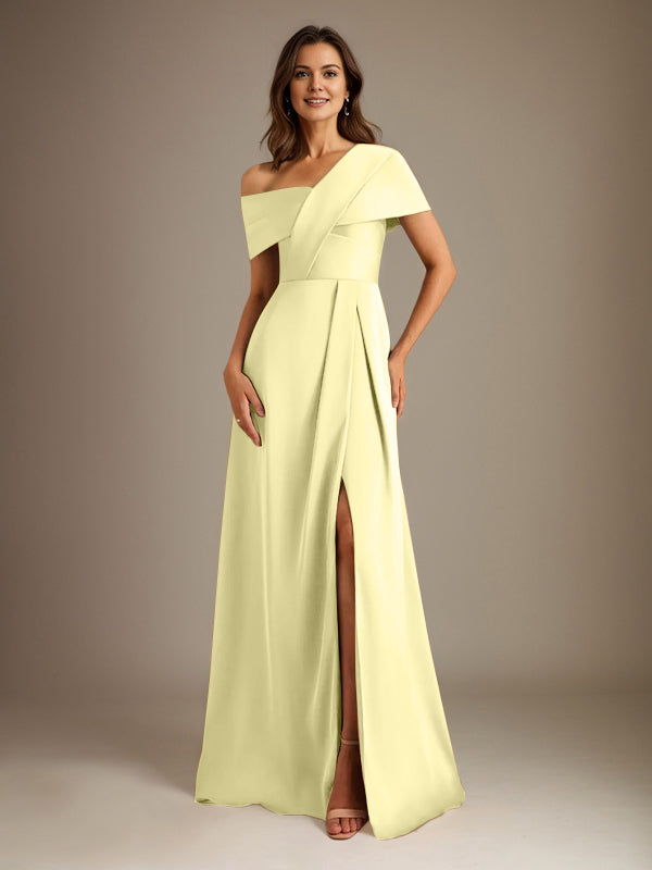 A-Line Asymmetrical Neckline Floor-Length Satin Mother of the Bride Dress With Pleated
