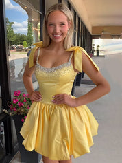 Yellow A-Line Bateau Bow Straps Satin Beaded Homecoming Dress