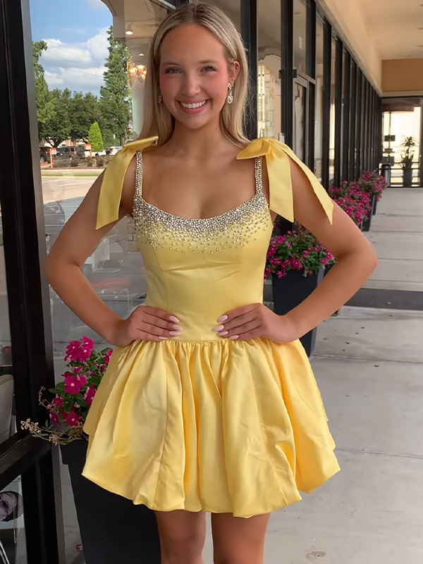 Dreamylily Women Yellow A-Line Bateau Bow Straps Satin Beaded Homecoming Dress