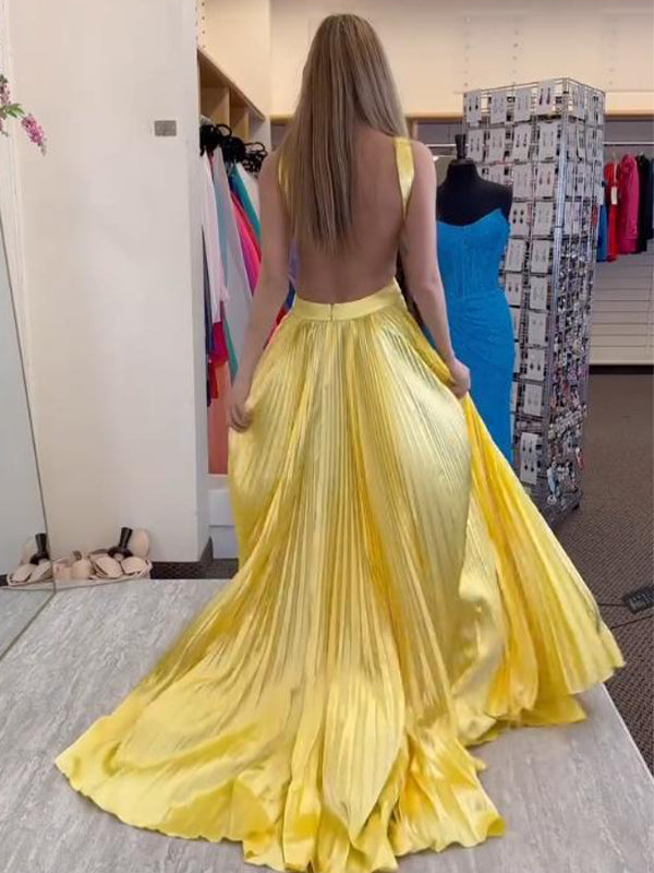 Green A-Line Halter Pleated Satin Long Prom Dress with Slit