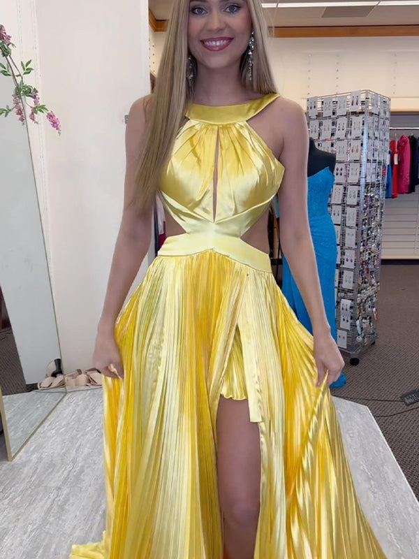 Green A-Line Halter Pleated Satin Long Prom Dress with Slit