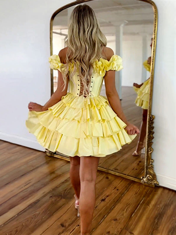 Yellow A-Line Off The Shoulder Tiered Satin Homecoming Dress
