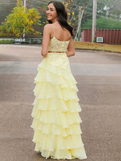 Yellow A-Line Spaghetti Straps Appliques Tiered Chiffon Prom Dress with Slit