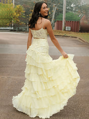 Yellow A-Line Spaghetti Straps Appliques Tiered Chiffon Prom Dress with Slit