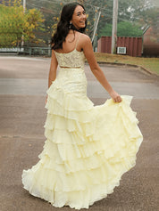 Yellow A-Line Spaghetti Straps Appliques Tiered Chiffon Prom Dress with Slit