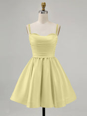 Yellow A-Line Spaghetti Straps Beaded Satin Short Homecoming Dress
