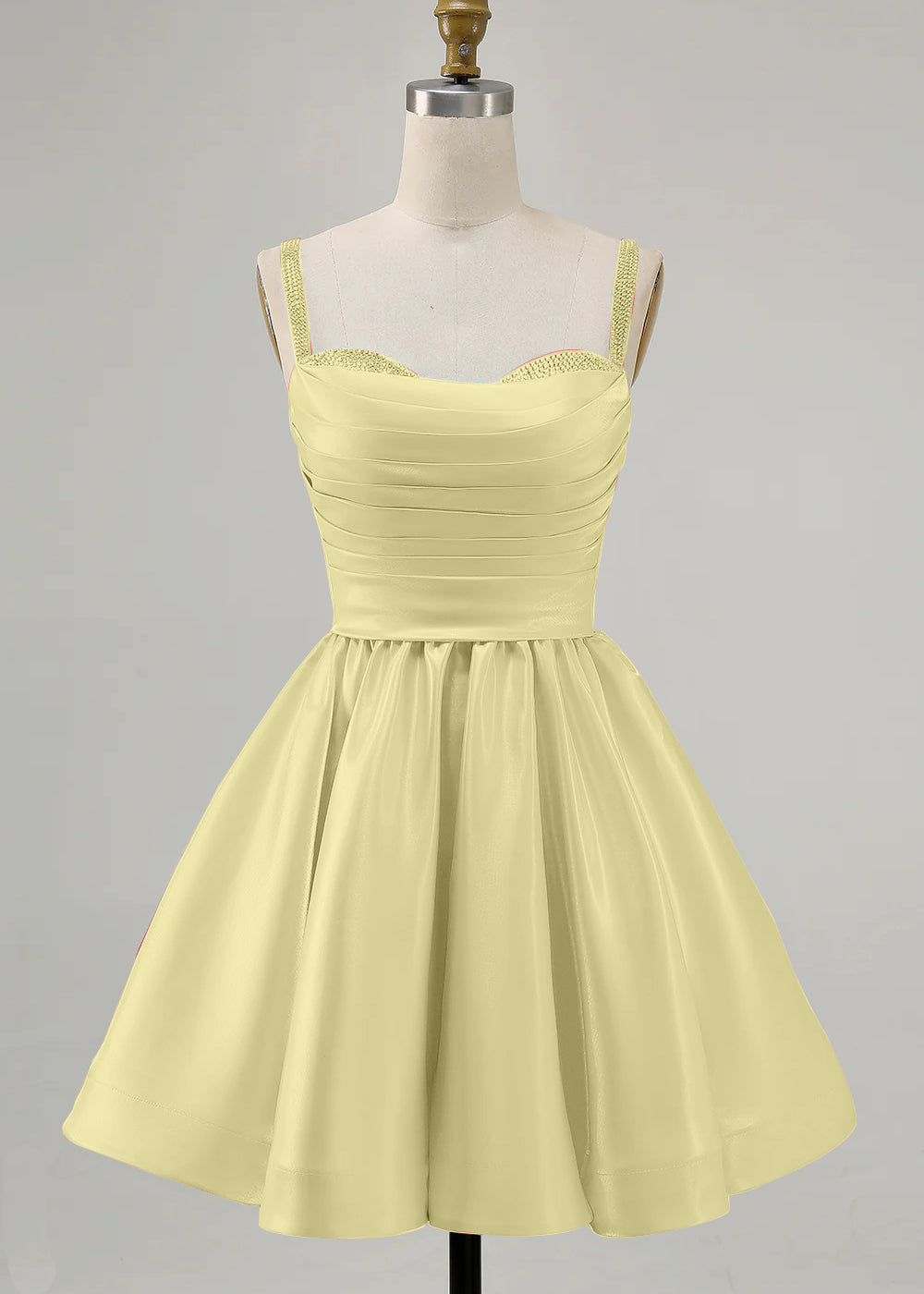 Yellow A-Line Spaghetti Straps Beaded Satin Short Homecoming Dress